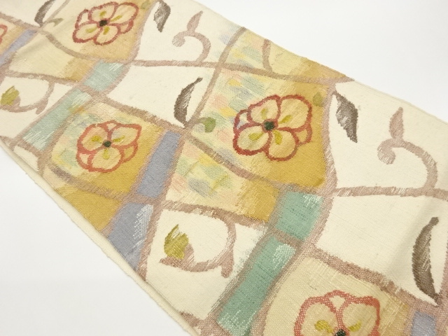 JAPANESE KIMONO / NAGOYA OBI / SILK / HAND WOVEN / MAWATA TSUMUGI / GRID & FLORAL ARABESQUE